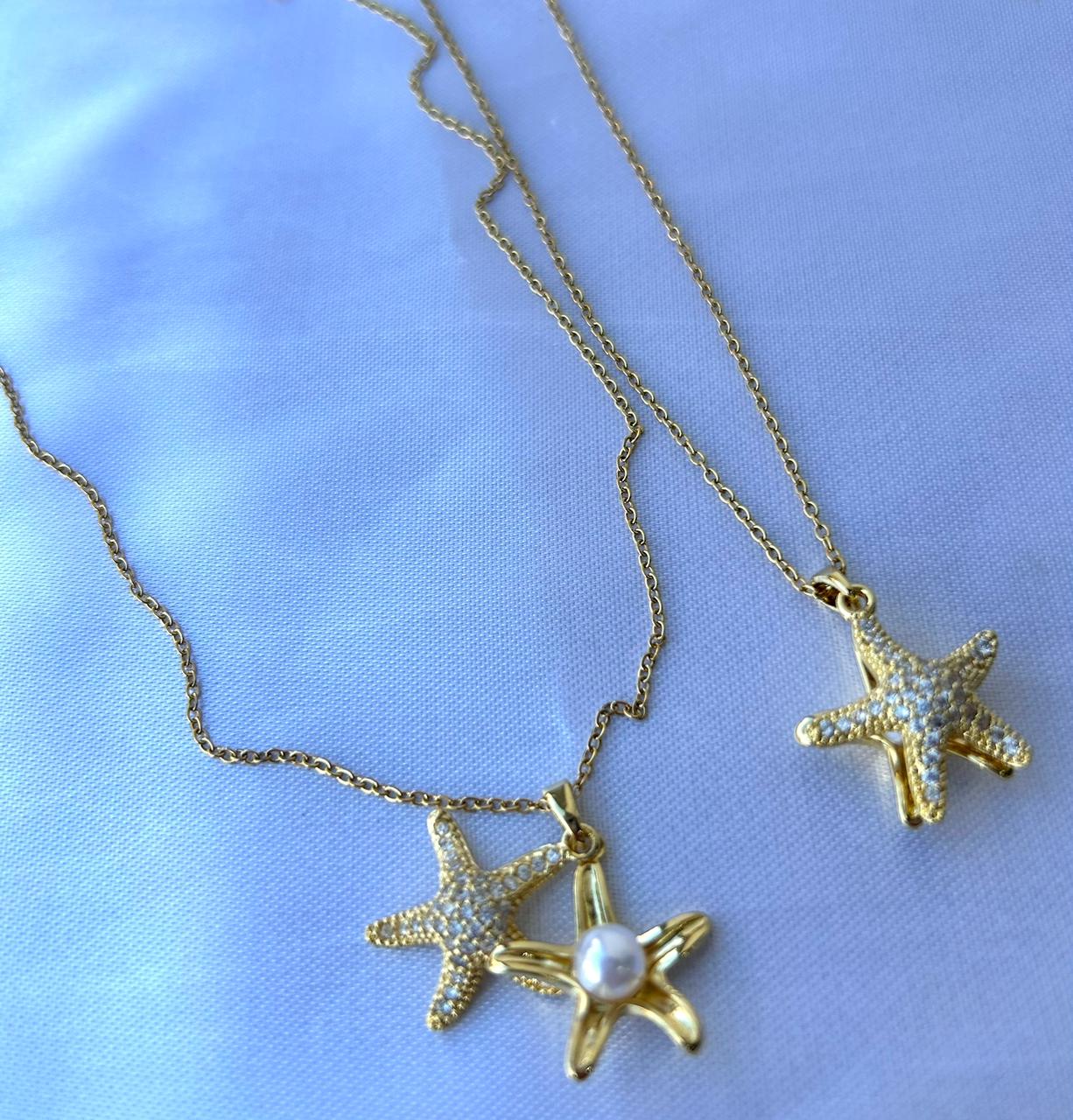 Cadena con dije de estrella de mar circonias y perla